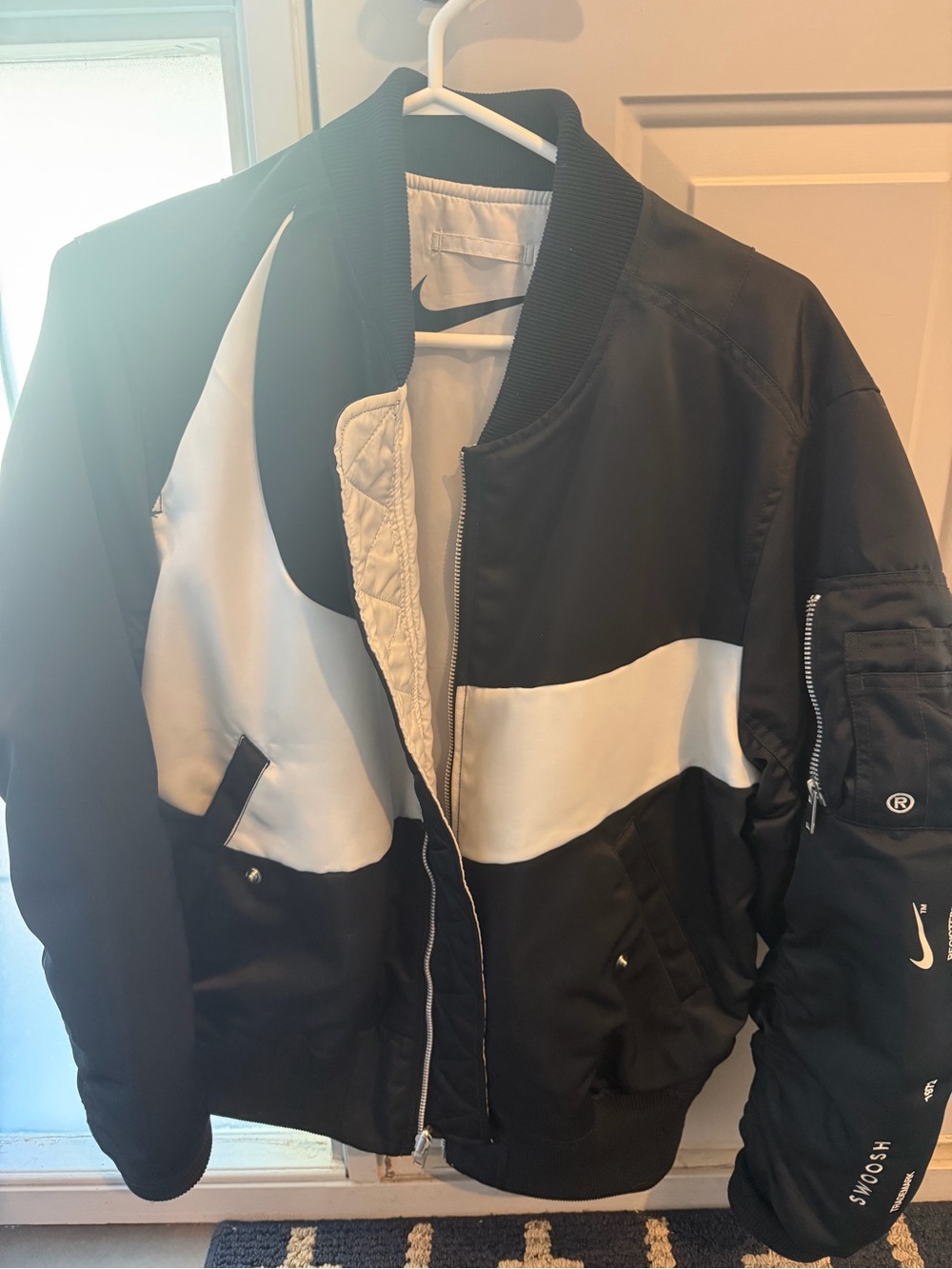 Nike Black and White Men's Bomber Jacket with Swoosh Panel